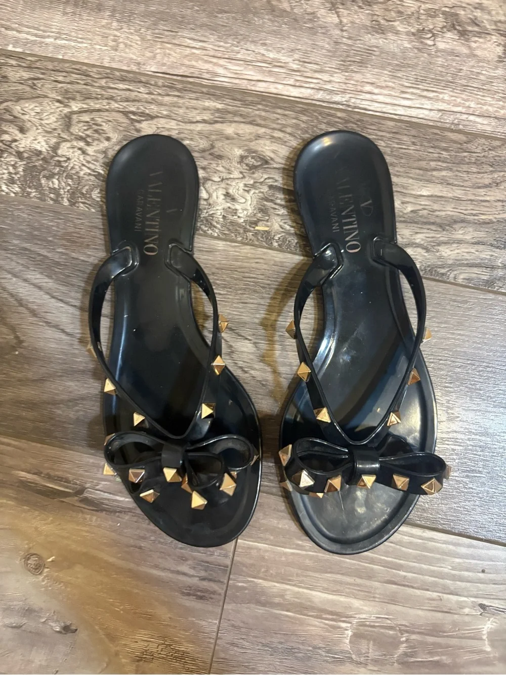 Valentino Black Bow Sandals with Gold Rockstuds